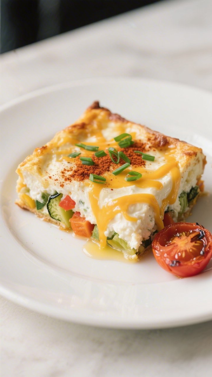 Final plated dish close-up: A neatly cut square of the Veggie Cheese Egg Bake on a white ceramic pla