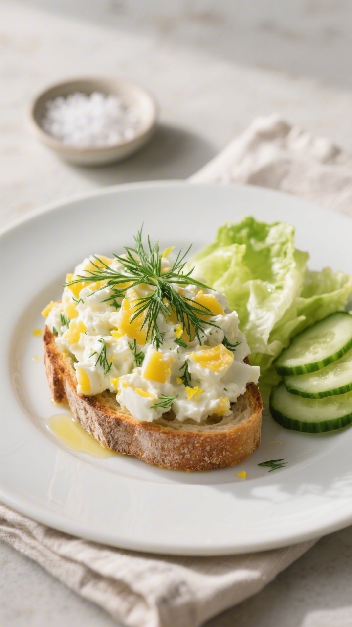 Final plated dish, restaurant-quality: Lemon Dill Egg Salad with Greek Yogurt mounded onto toasted s