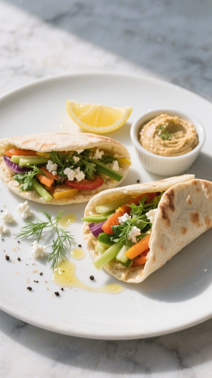 Final plated dish: Restaurant-quality presentation of two fully stuffed Spring Veggie Hummus Pita Po