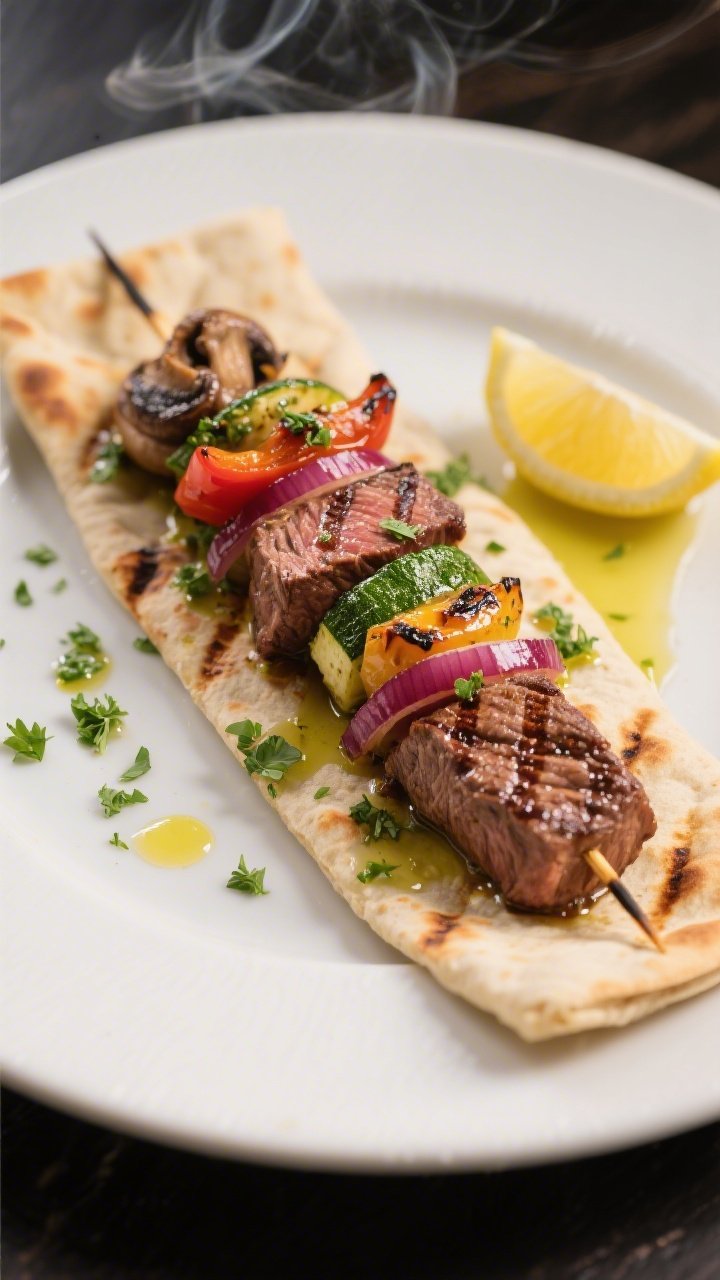 Final plated dish, restaurant-quality presentation: Single composed plate featuring two steak and ve