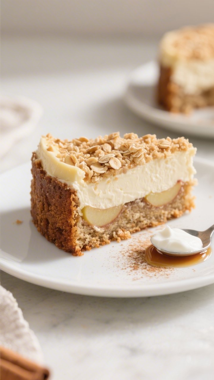 Final plated hero: A clean slice of Healthy Apple Cinnamon Cheesecake Crumb Cake on a white ceramic