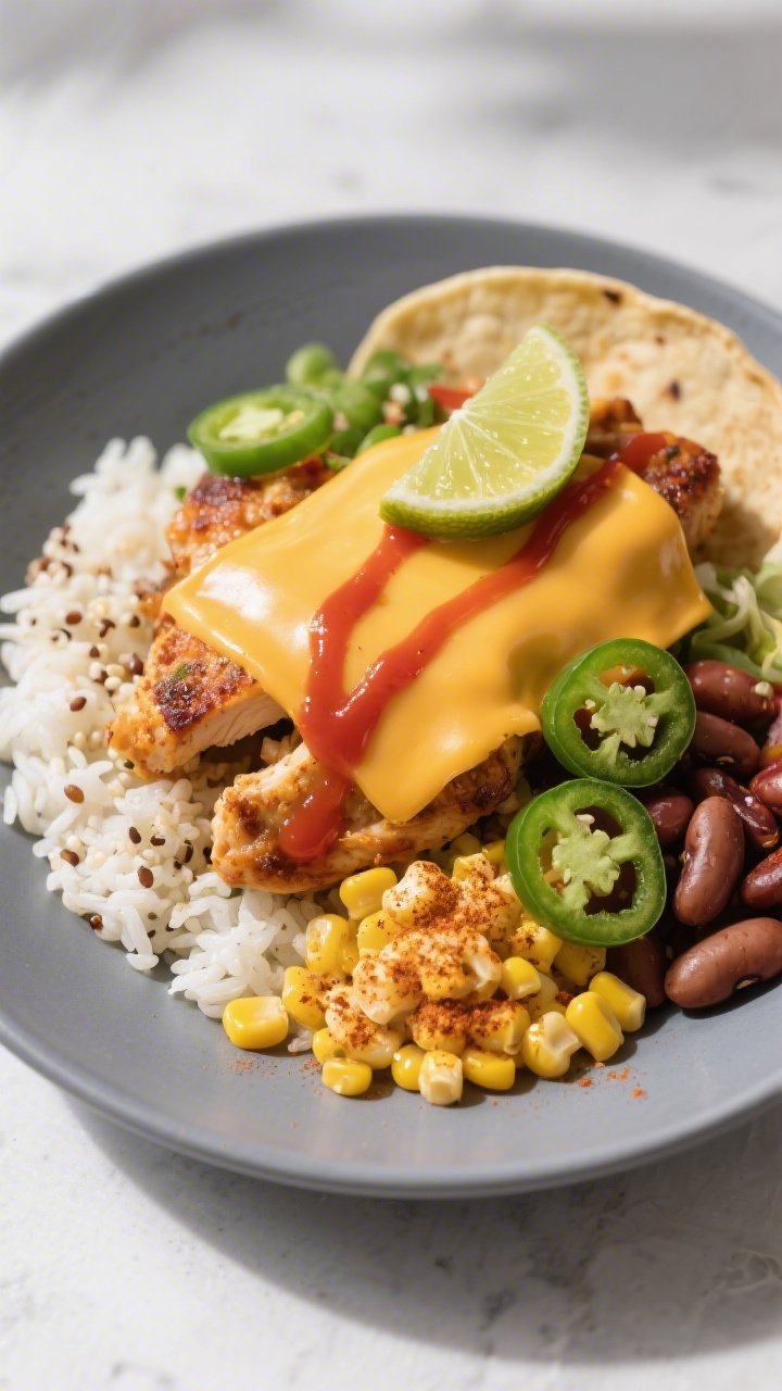 Final plated hero: Restaurant-quality presentation of the Chicken Taco Protein Bowl variation with p