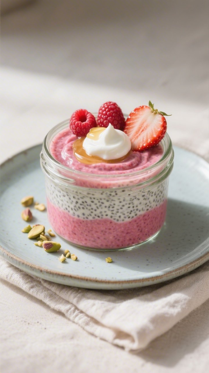 Final plated jar, layered presentation: Beautifully layered rhubarb chia pudding in a clear glass ja