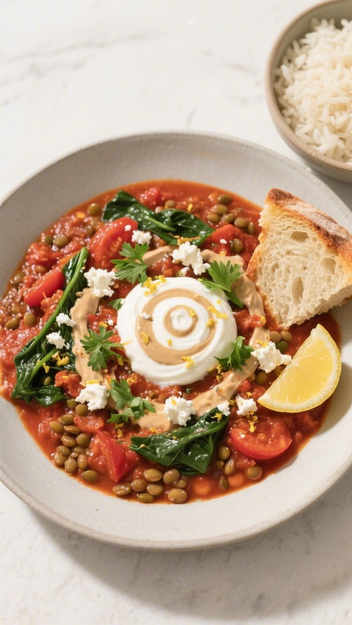Final plated overhead shot: Finished Healthy Dump & Bake Lentil & Spinach Tomato Stew ladled into a 