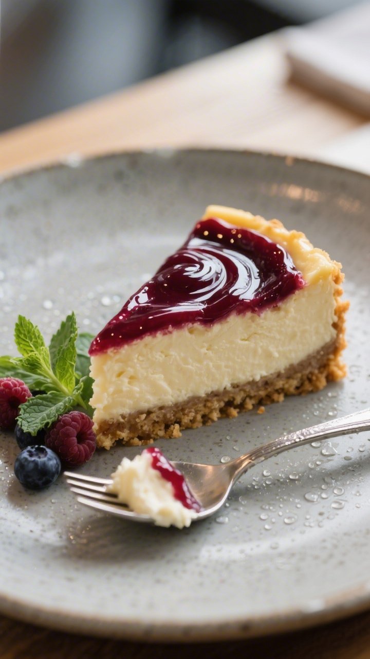 Final plated presentation: a single generous slice on a matte stoneware plate, showing the distinct