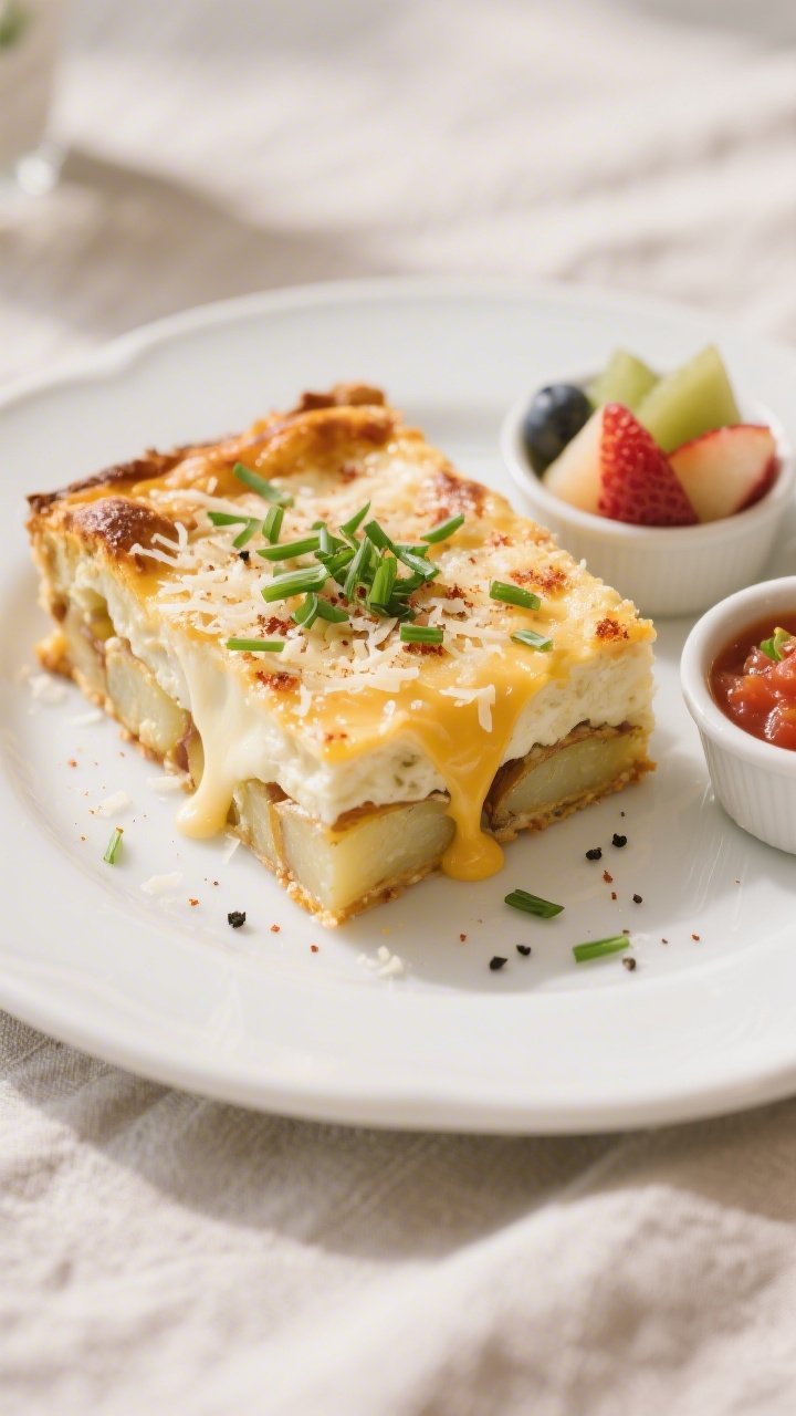 Final plated presentation of a neat square slice of the breakfast bake on a white ceramic plate, sho