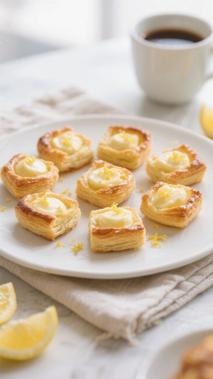 Final plated presentation of Lemon Cream Cheese Danish Bites for brunch: small white platter or matt