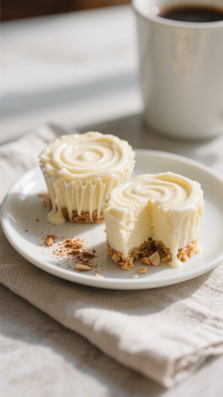 Final plated presentation of two cheesecake cups out of their liners on a small white ceramic plate,