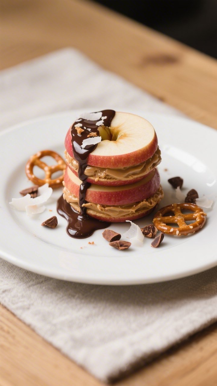 Final plated presentation: restaurant-quality shot of stacked apple ring “sandwiches” (two rings