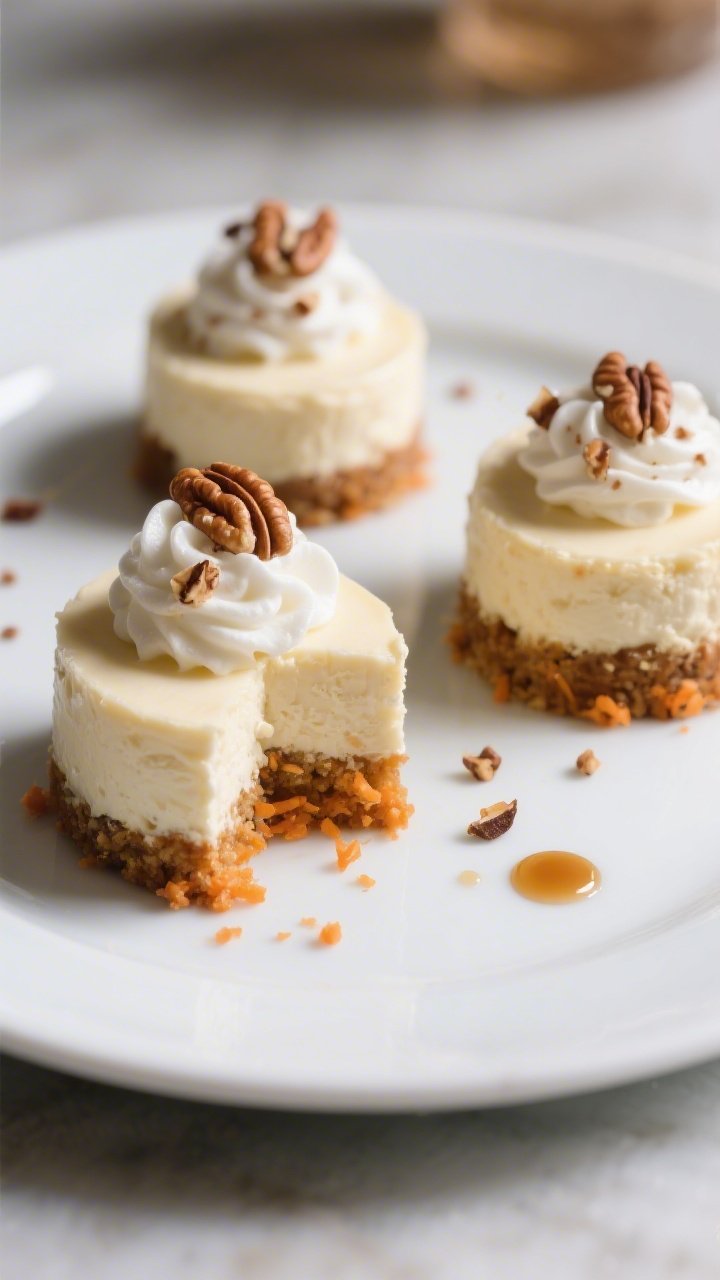 Final plated presentation: three chilled mini carrot cake cheesecakes on a white ceramic plate, each