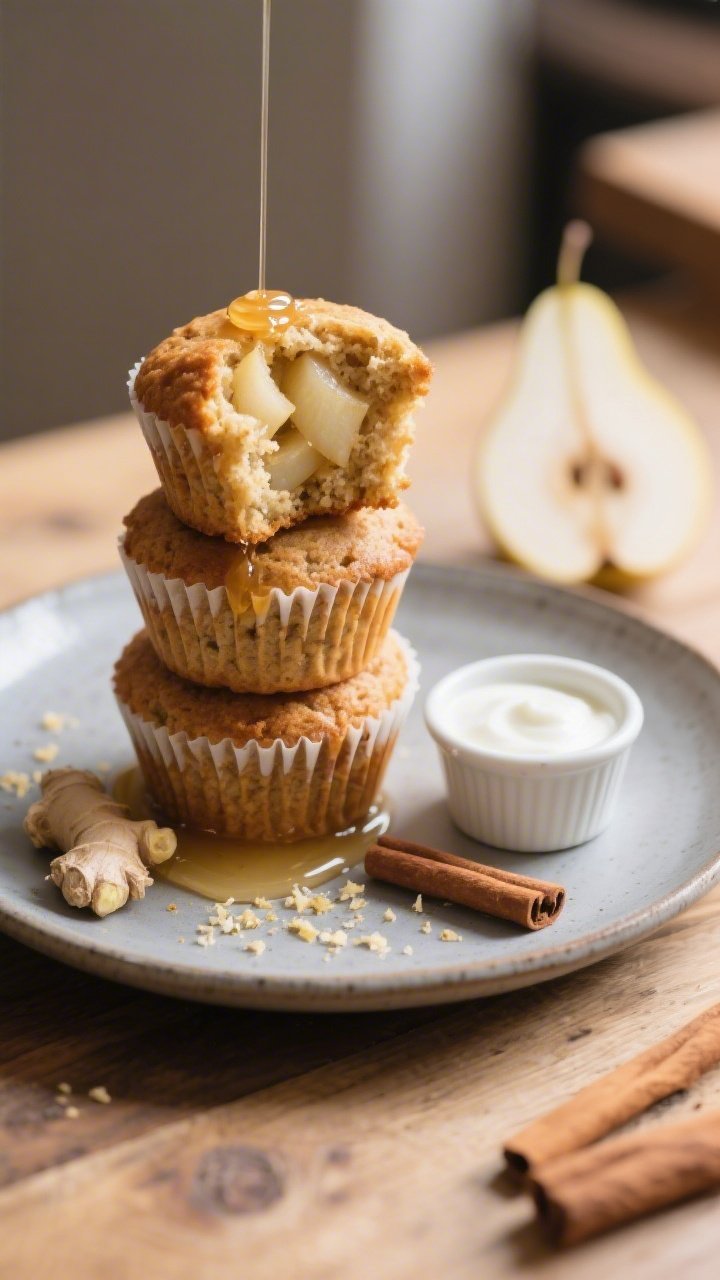 Final plated presentation: three pear–ginger muffins stacked and staggered on a matte ceramic plat