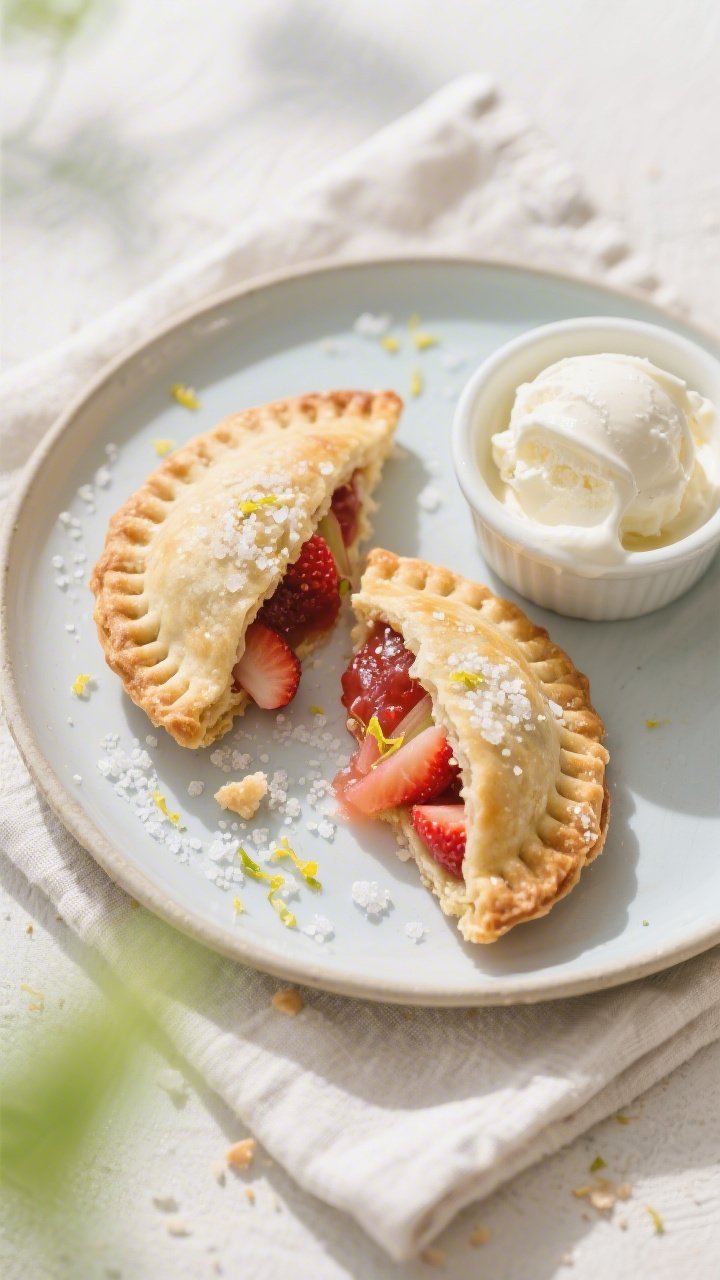 Final plated presentation, top-down: Overhead shot of a small plate with two finished strawberry rhu