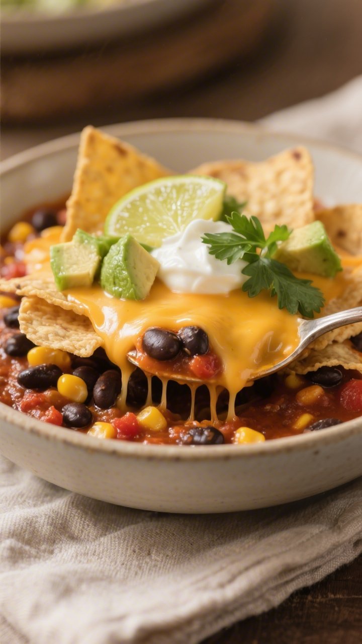 Final plated serving, cozy presentation: Close-up of a hearty spoonful served in a shallow bowl—la