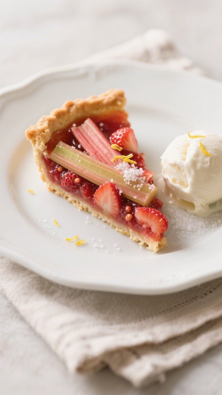 Final plated slice — Close-up of a single slice of strawberry rhubarb pie on a white ceramic plate