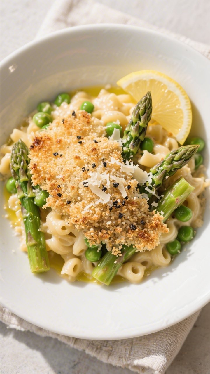 Final plated, tasty top view – Overhead shot of a broiler-finished bowl of Spring Veggie Mac & Che