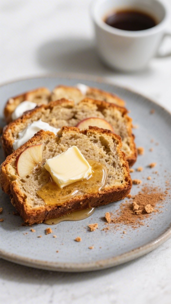 Final presentation: Beautifully plated slices of Banana Bread with Apple and Greek Yogurt arranged s