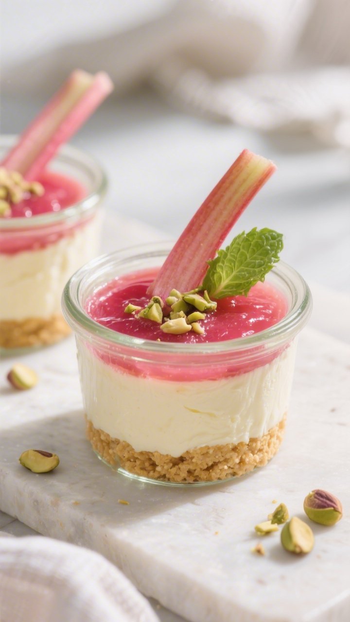 Final presentation close-up: Fully set no-bake rhubarb cheesecake cups in clear jars, showing distin