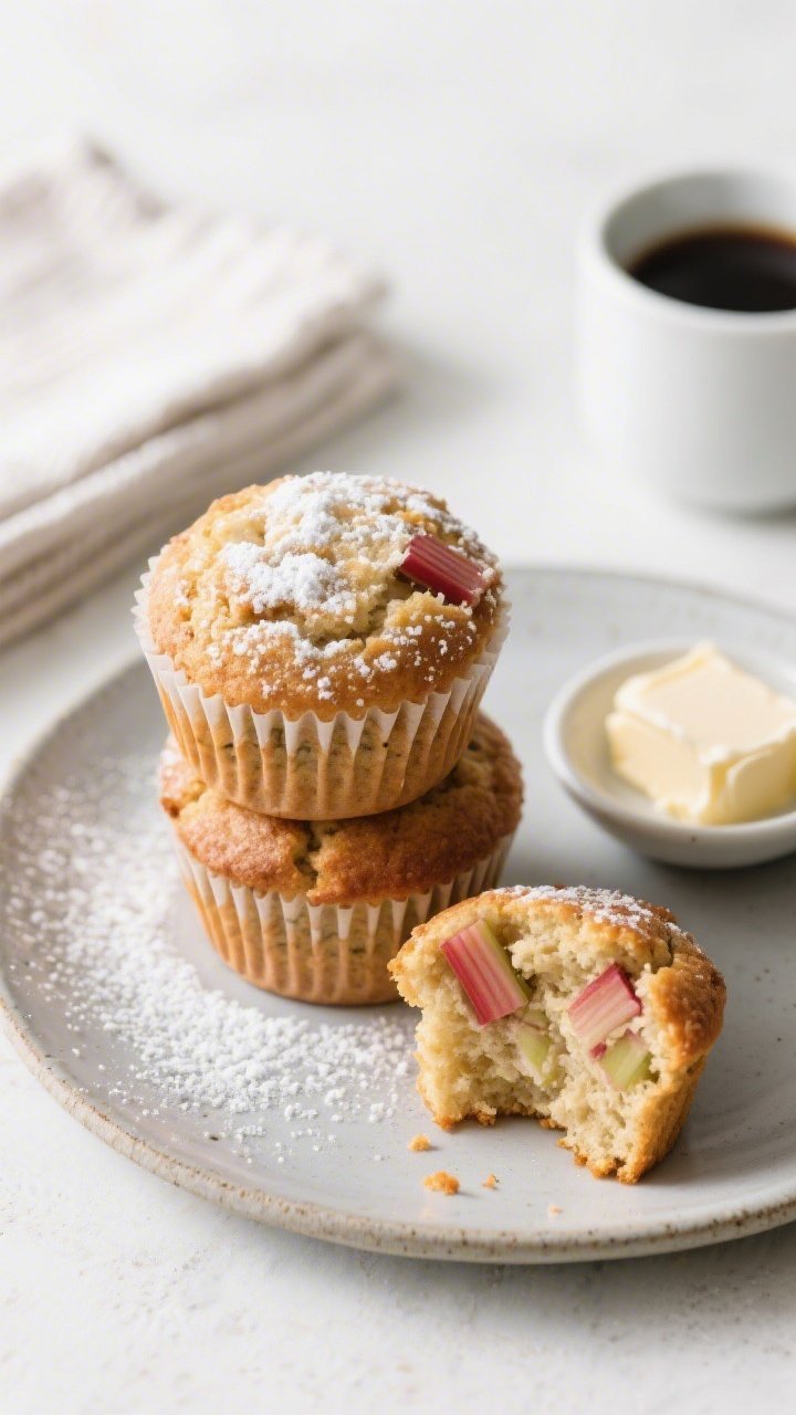 Final presentation: Restaurant-quality plated rhubarb muffins stacked casually on a matte stoneware