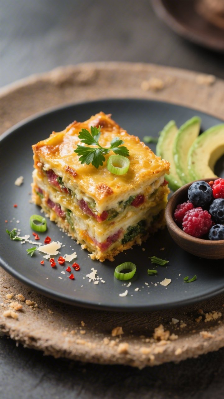Final presentation: Restaurant-quality plated serving of the bake cut into neat squares, stacked two