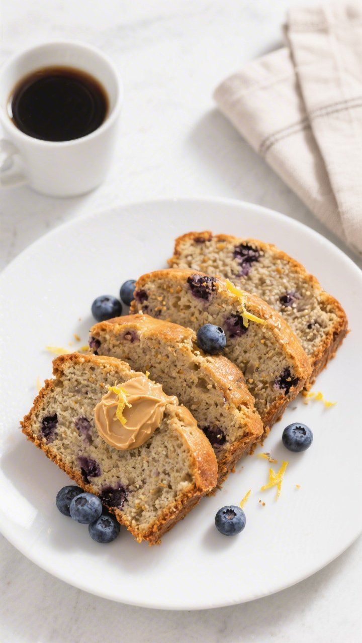 Final presentation: Restaurant-quality three-slice fan of the Blueberry Flaxseed Quick Bread on a ma