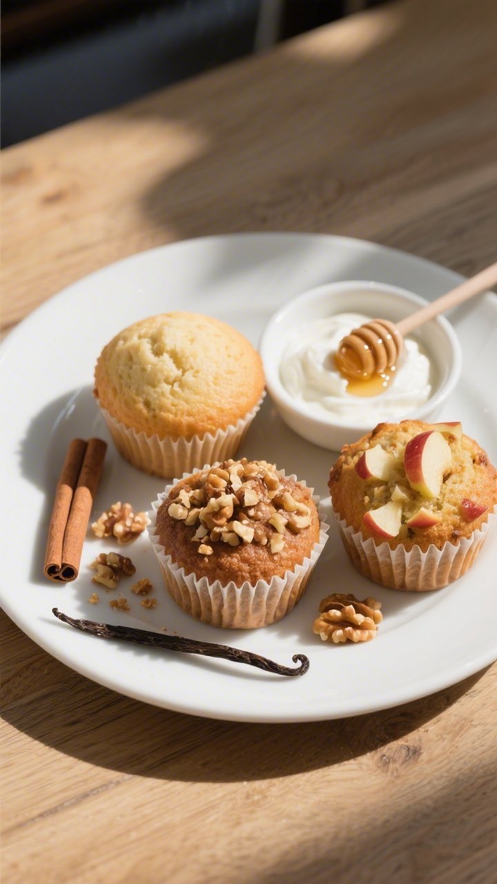 Final presentation shot: three muffins plated cafe-style on a matte white plate—one plain, one wit