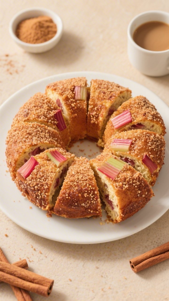 Final presentation: Tasty of the fully coated Rhubarb Cinnamon Sugar Donut Cake on a simple white ro
