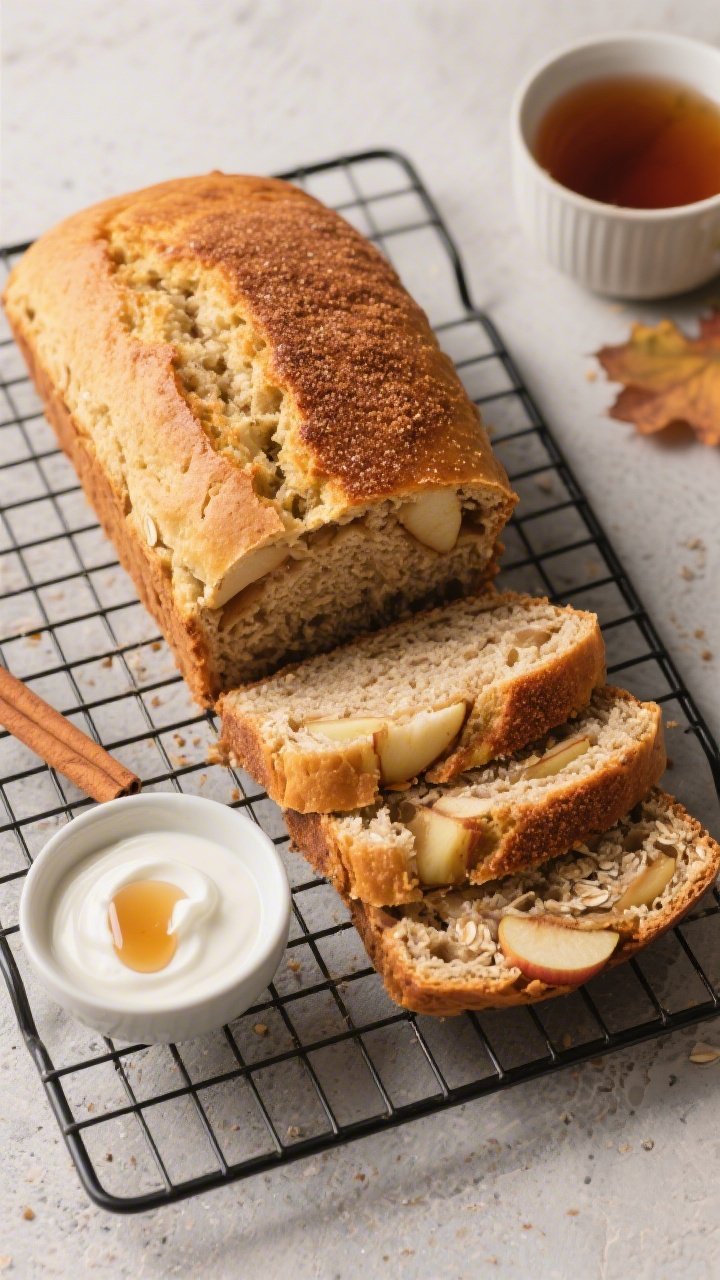 Final presentation top view: Overhead hero shot of the fully baked Oat Flour Apple Cinnamon Bread on