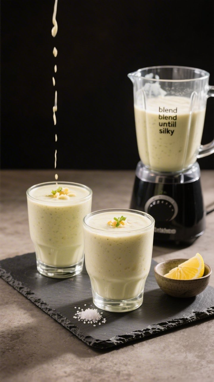 Final presentation with process nod: Two-glass serving of the smoothie on a slate board—one glass 