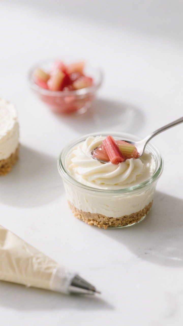 Overhead assembly shot: of no-bake rhubarb cheesecake cups mid-assembly on a clean white surface—c