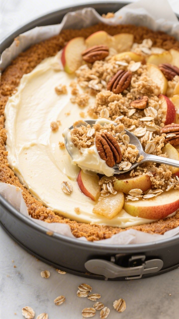 Overhead assembly shot: of the Healthy Apple Cinnamon Cheesecake Crumb Cake mid-assembly in a parchm