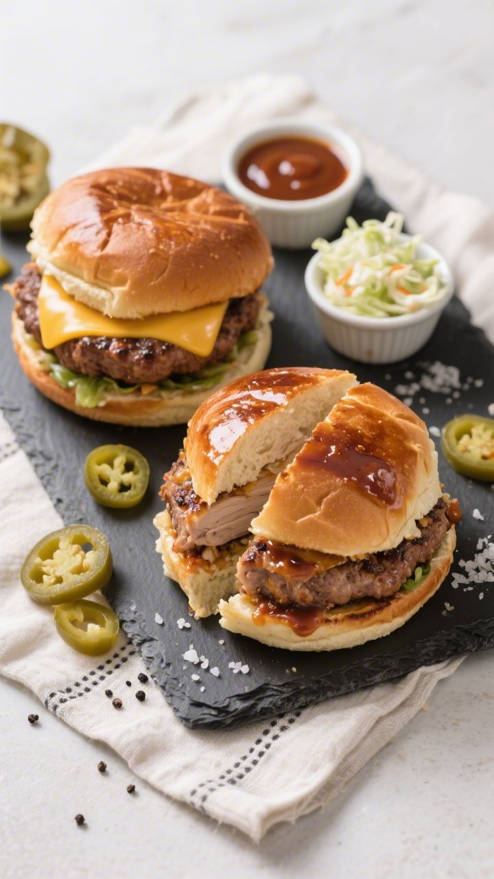 Overhead “build-your-burger” top view: Top-down shot of two finished BBQ turkey burgers on a sla