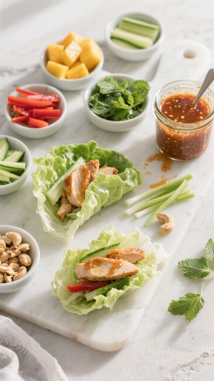 Overhead “build-your-own” scene: Top-down shot of a clean board with several assembled lettuce w