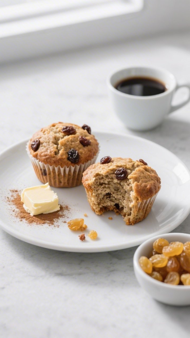 Overhead shot of a breakfast scene: two Applesauce Raisin Bran Muffins on a white ceramic plate, one