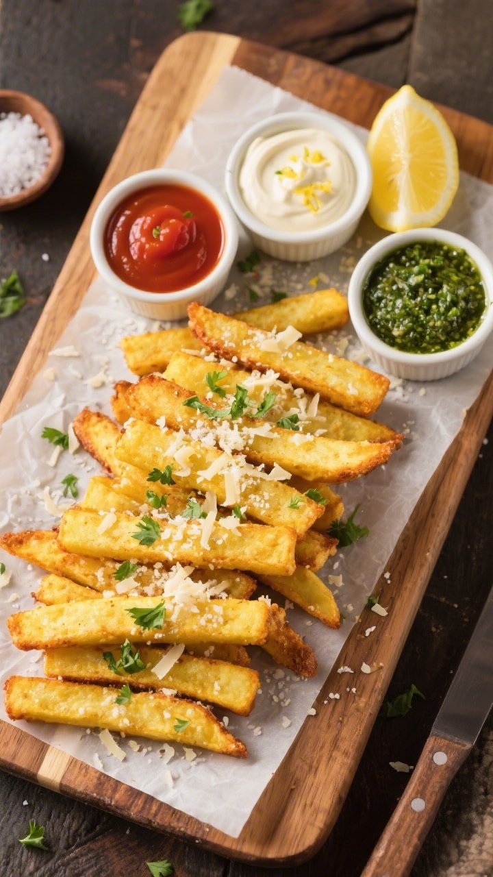 Overhead shot of a final platter of polenta fries arranged in neat rows on a parchment-lined wooden 