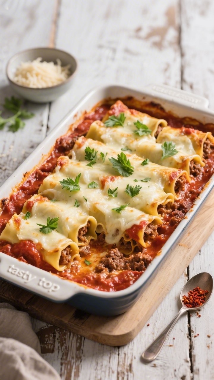 Overhead “tasty top” shot: A 9x13 baking dish filled with neatly arranged lasagna roll-ups, smot