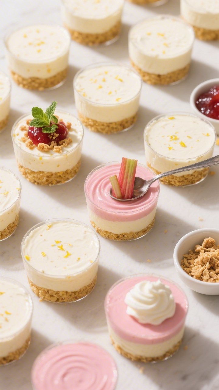 Overhead “tasty top view” assembly scene: Multiple dessert cups in a neat grid, showing even lay