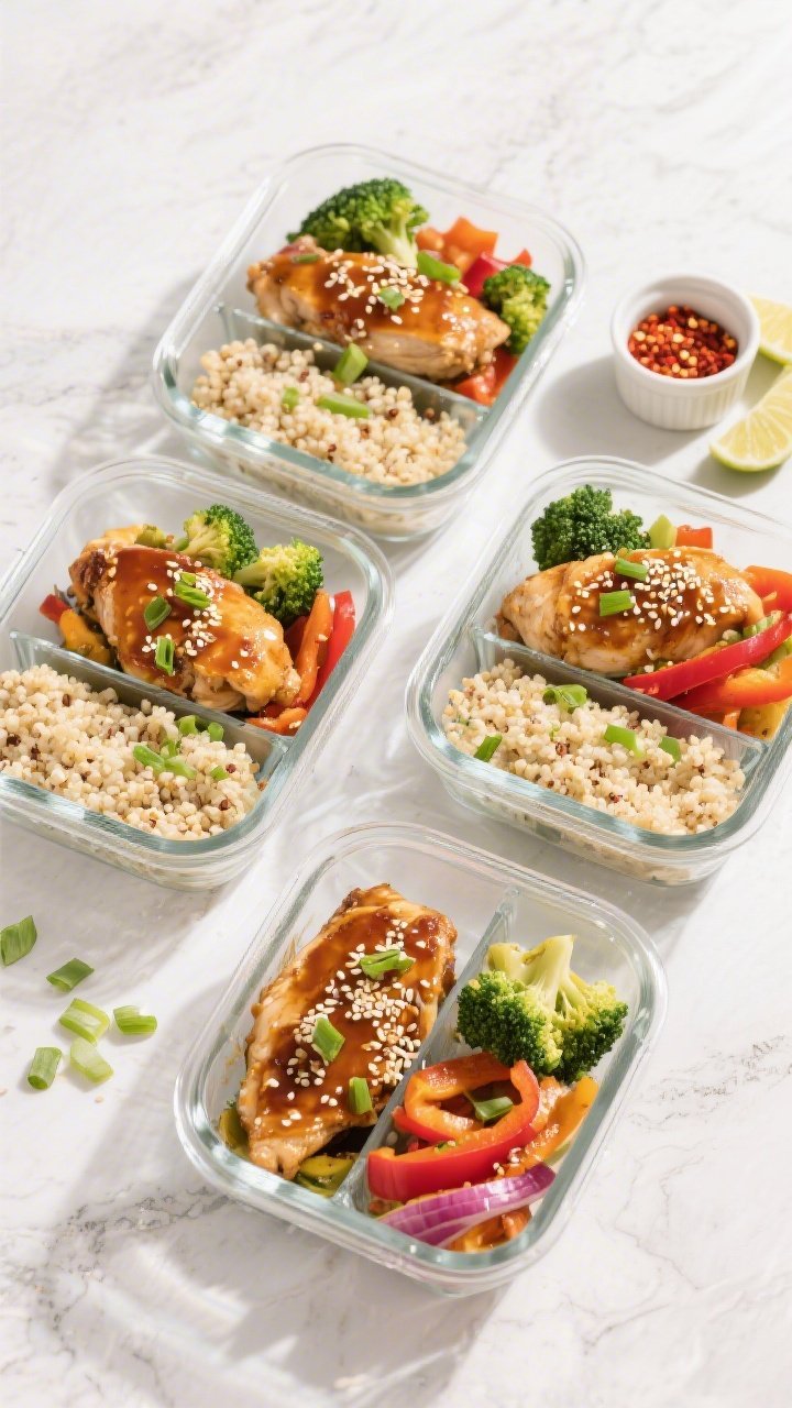 Overhead “tasty top view,” meal-prep friendly: Top-down shot of four glass meal-prep containers 