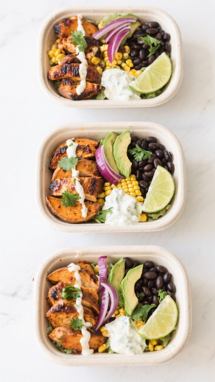 Overhead tasty top view: Meal-prep lineup of three open bowls showing even portions of roasted sweet