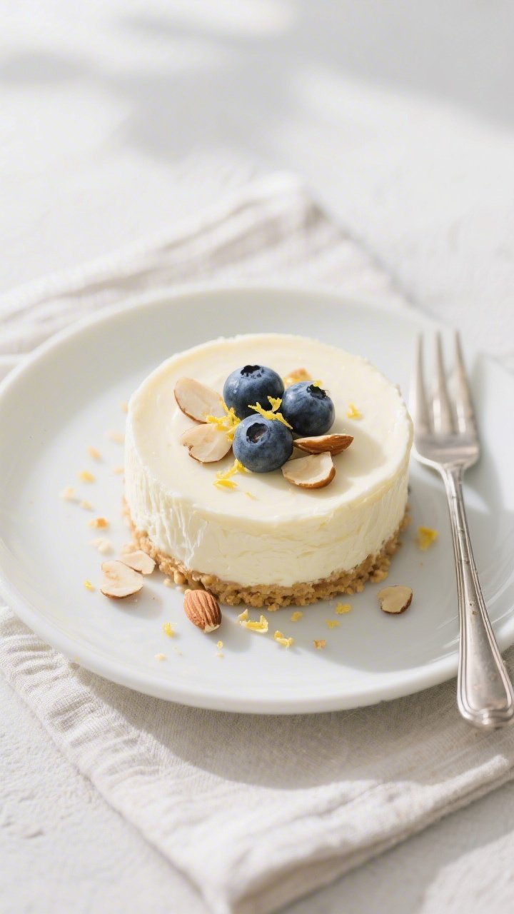 Overhead “tasty top view” of a chilled cheesecake cup unwrapped and plated on a small white porc