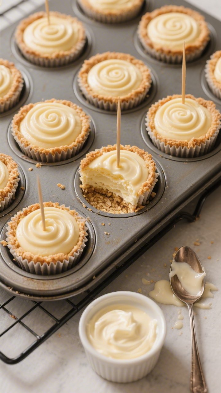 Overhead “tasty top view” of a muffin tin filled with baked cheesecake cups cooling on a rack, e