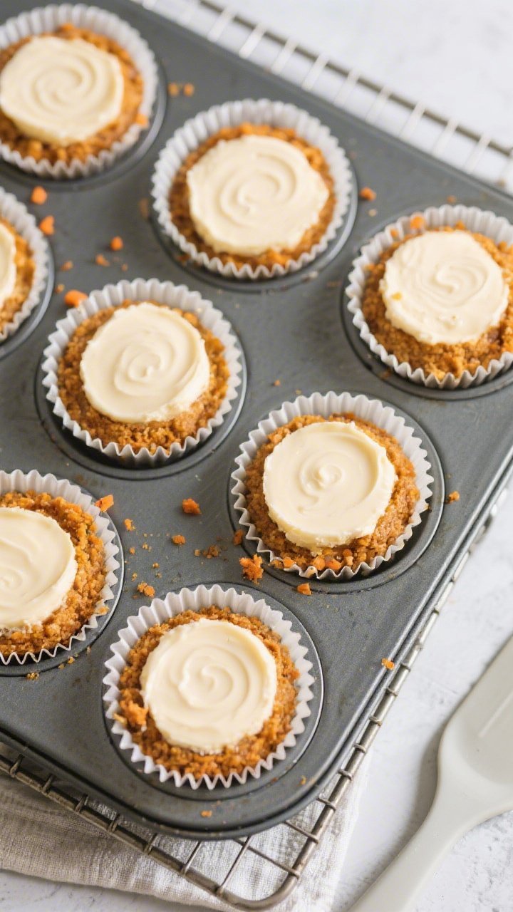 Overhead “tasty top view” of a muffin tin filled with freshly baked mini carrot cake cheesecakes