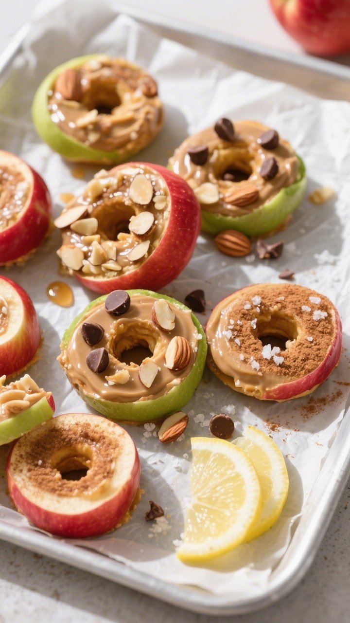 Overhead “tasty top view” of a parchment-lined platter of finished peanut butter stuffed apple r