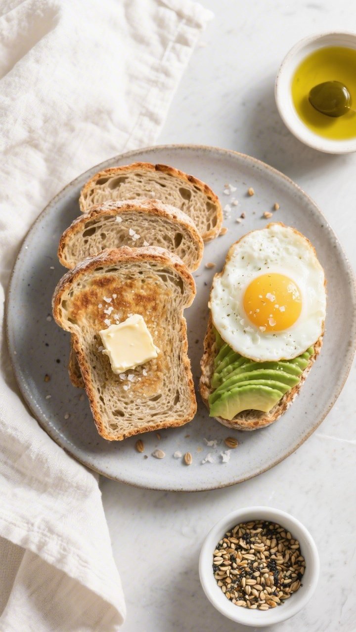 Overhead “tasty top view” of sliced sunflower seed flour keto bread arranged in a neat fan on a 