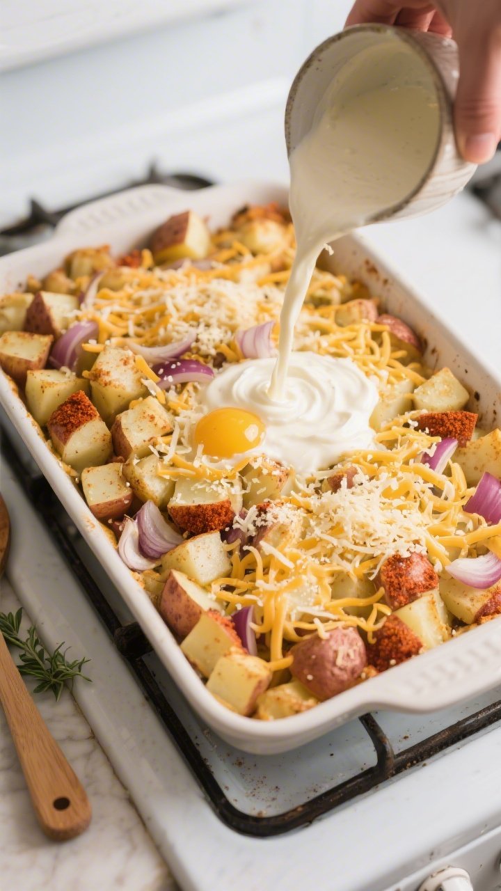 Overhead “tasty top view” of the assembled bake in a 9x13 dish mid-process: sautéed, par-cooked