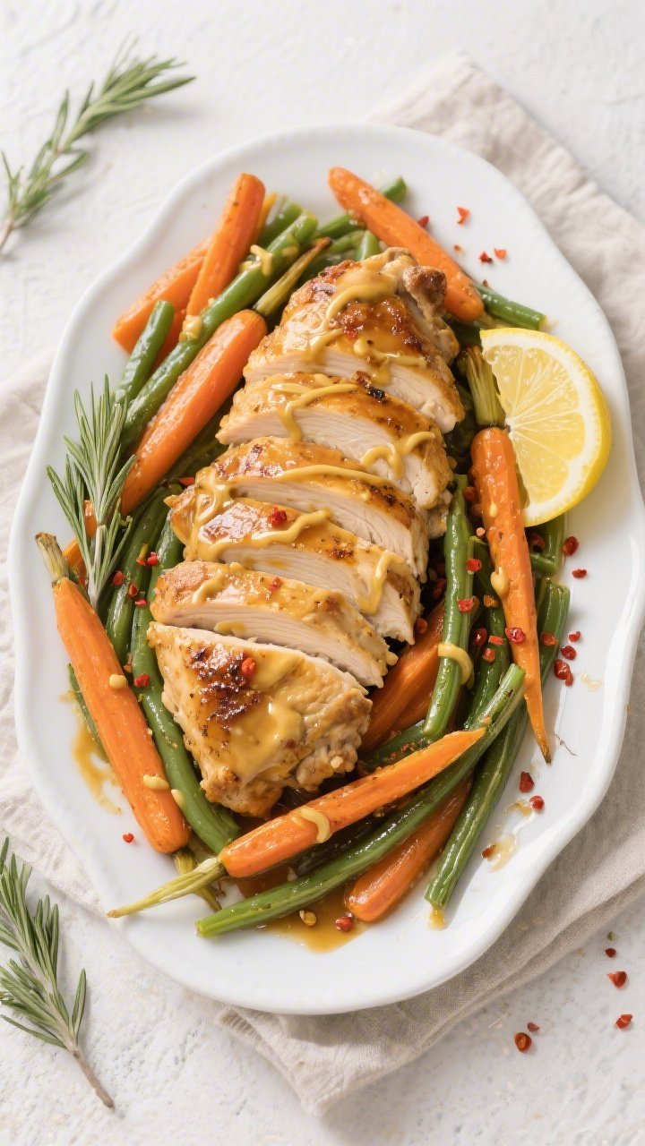 Overhead “tasty top view” of the finished Sheet Pan Honey Mustard Chicken with Carrots and Green