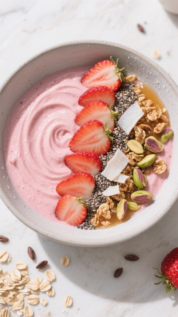 Overhead “tasty top view” of the finished Strawberry Rhubarb Protein Smoothie Bowl: thick, soft-