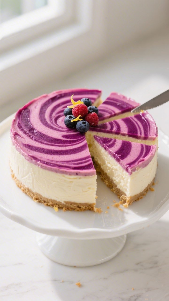 Overhead “tasty top view” of the fully chilled High-Protein Berry Swirl Cheesecake Cake on a whi