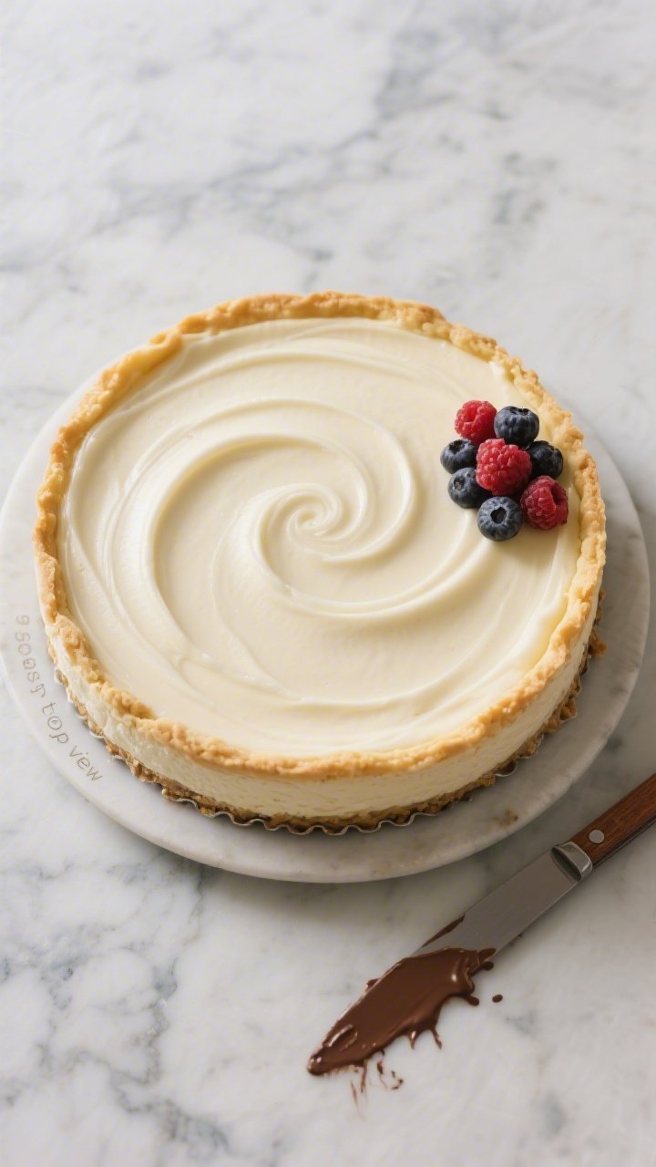 Overhead “tasty top view” of the whole chilled cheesecake on a 9-inch springform base after rele