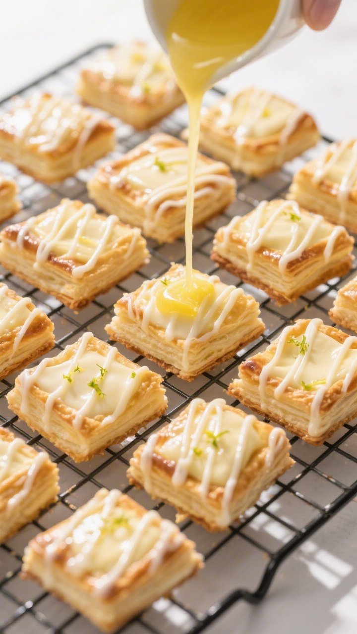 Overhead “tasty top-view” shot of a cooling rack filled with assembled and lightly cooled Danish