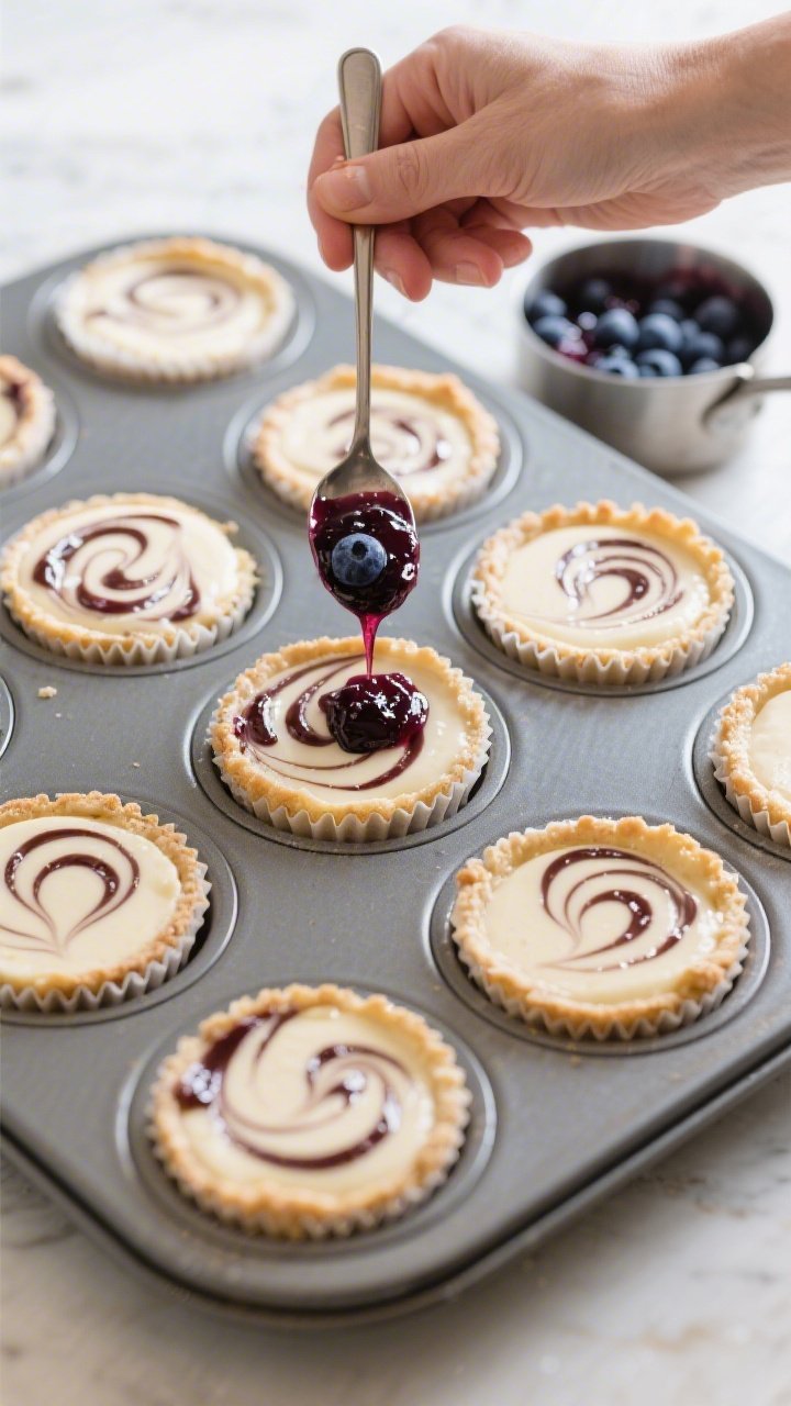 Process action scene: spooning the cooled blueberry compote onto the nearly filled cheesecake cups a